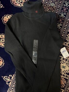 Lauren Ralph Lauren Black Ribbed Cowl Neck Sweater with Red RL Logo